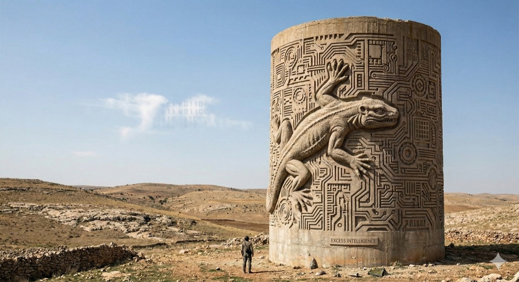 The next monolith: a lizard-leopard carved in circuit stone